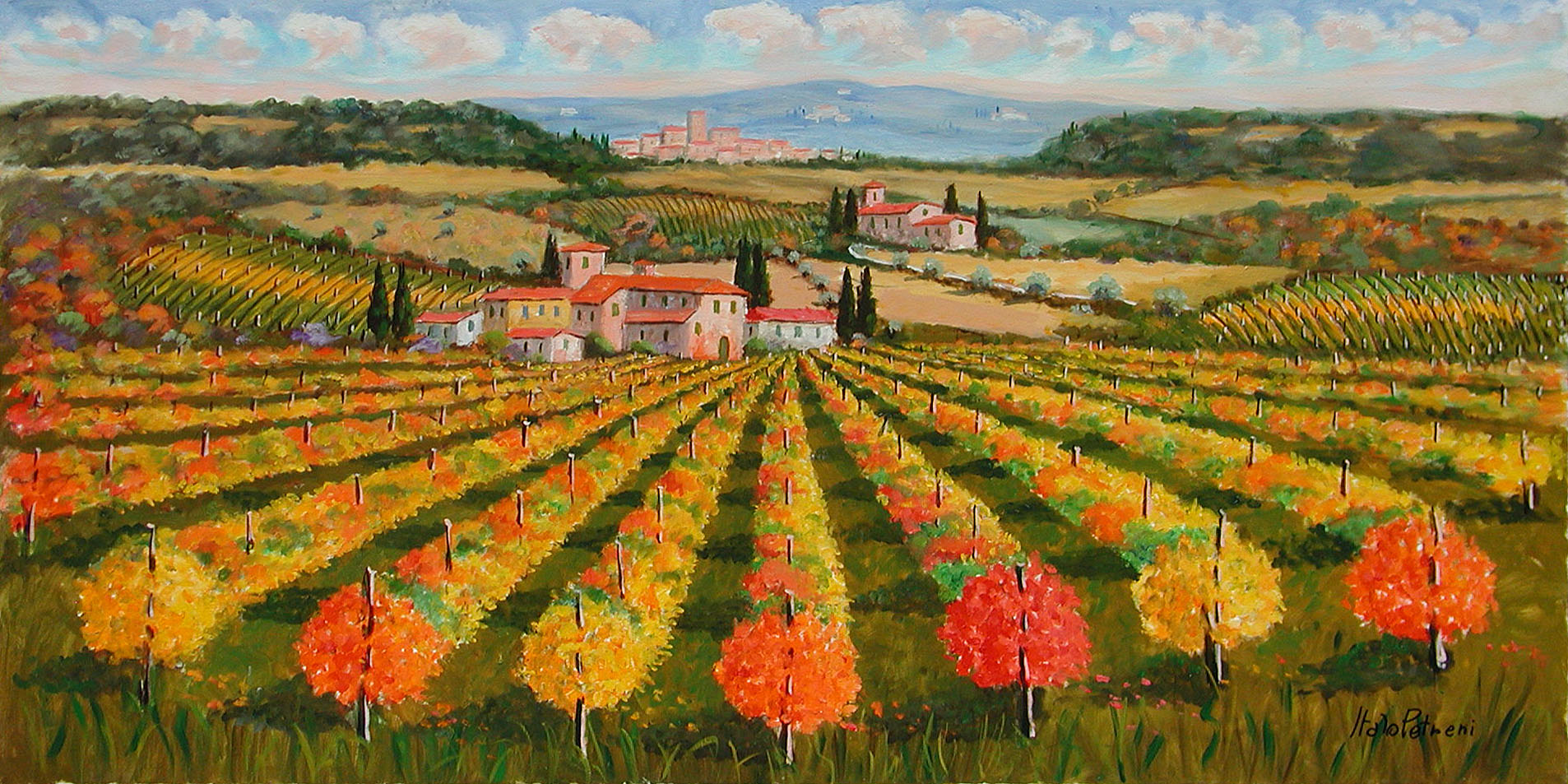 Italo Petreni P1.2340 Paesaggio toscano con grande vigna cm 50x100